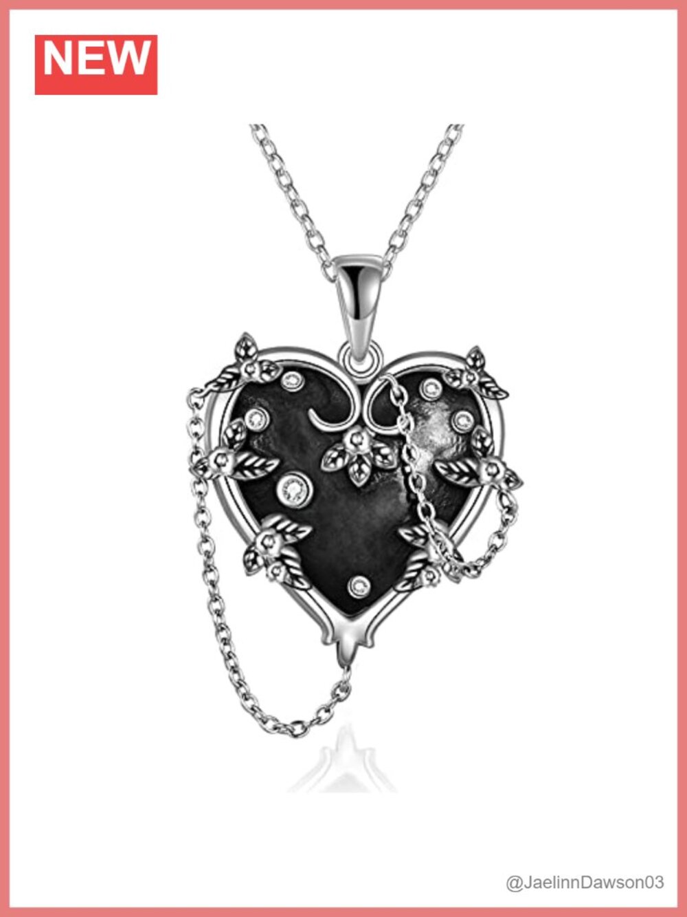 925 Sterling Silver Witches Heart Pendant Necklace Cubic Zirconia Goth